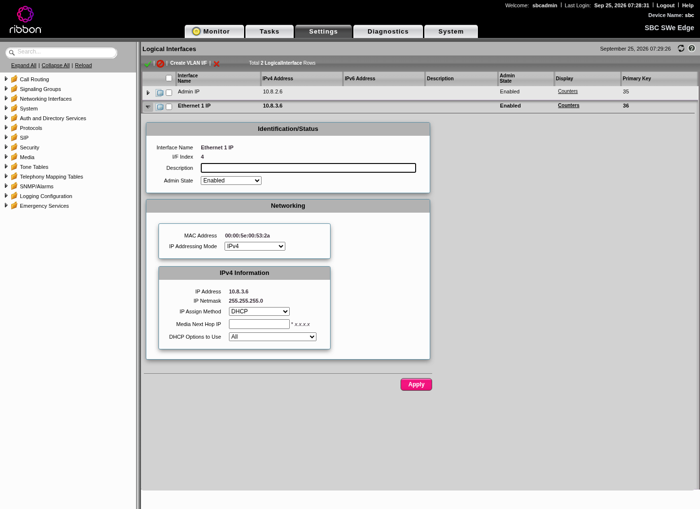 Ethernet 1 on the WAN subnet. It has no next hop field you can use while on DHCP; Step 6 fixes that with a static route.
