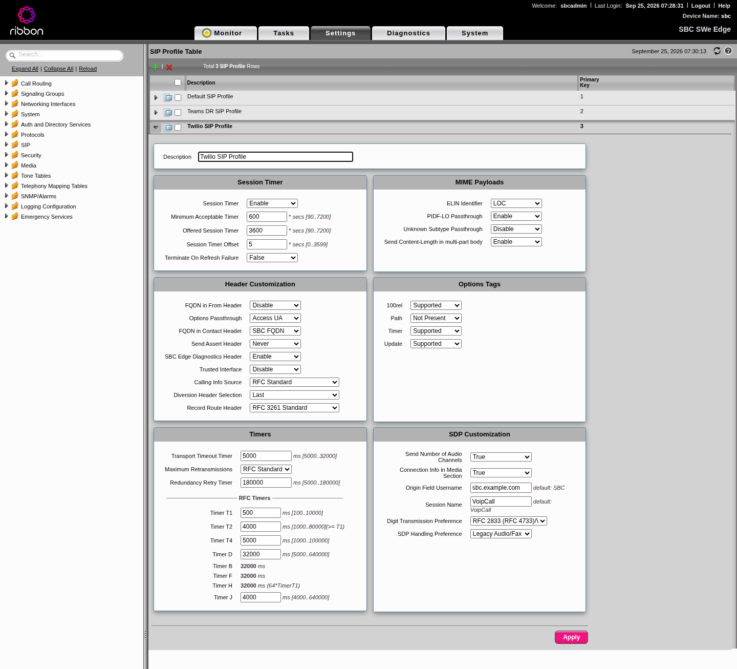 Twilio SIP profile