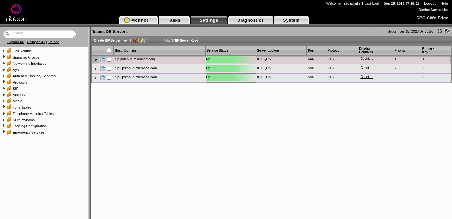 Teams server table, all three Up