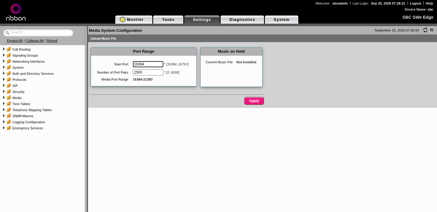 Media System Configuration: start port and number of port pairs