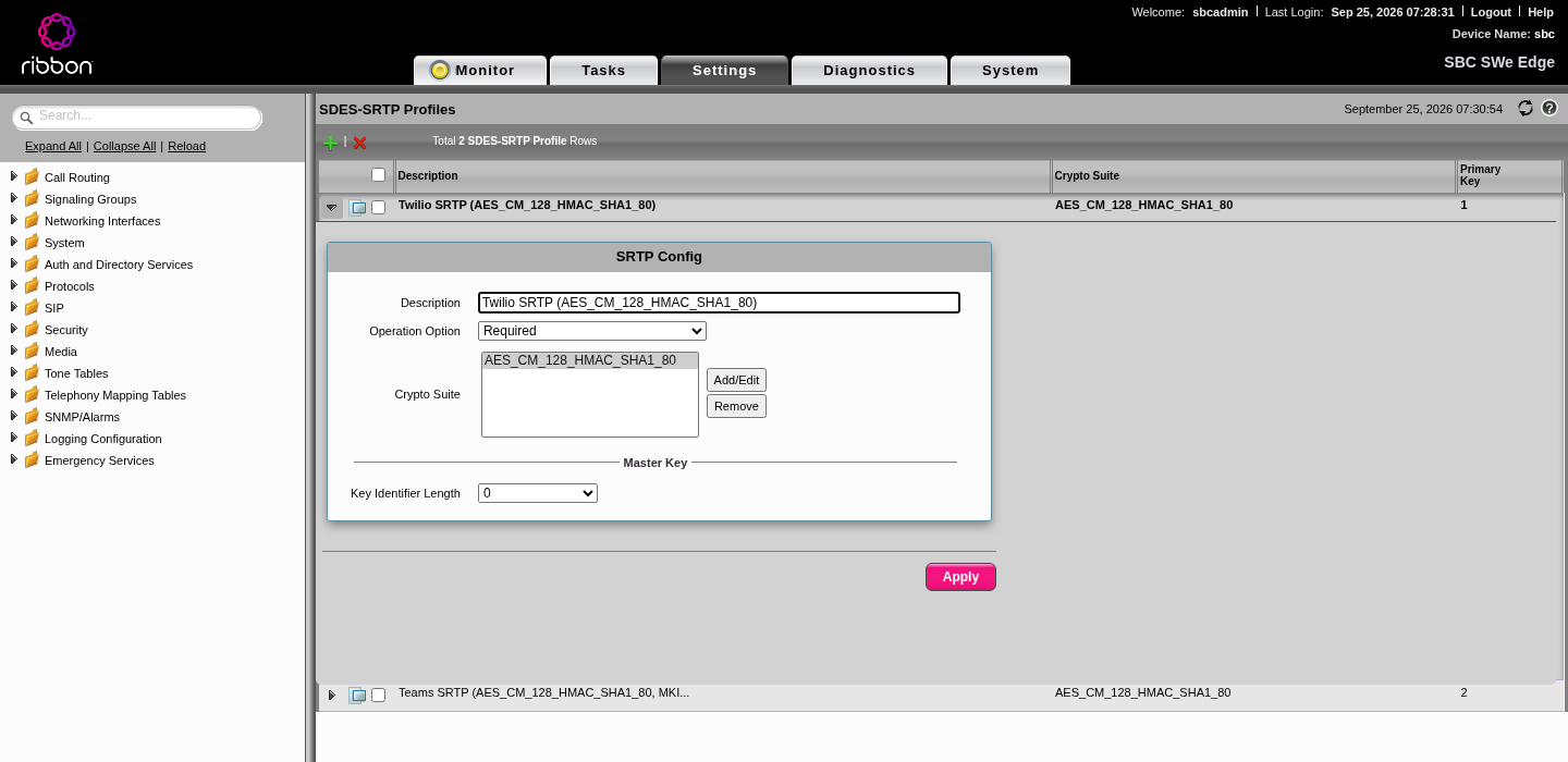 Twilio SRTP profile