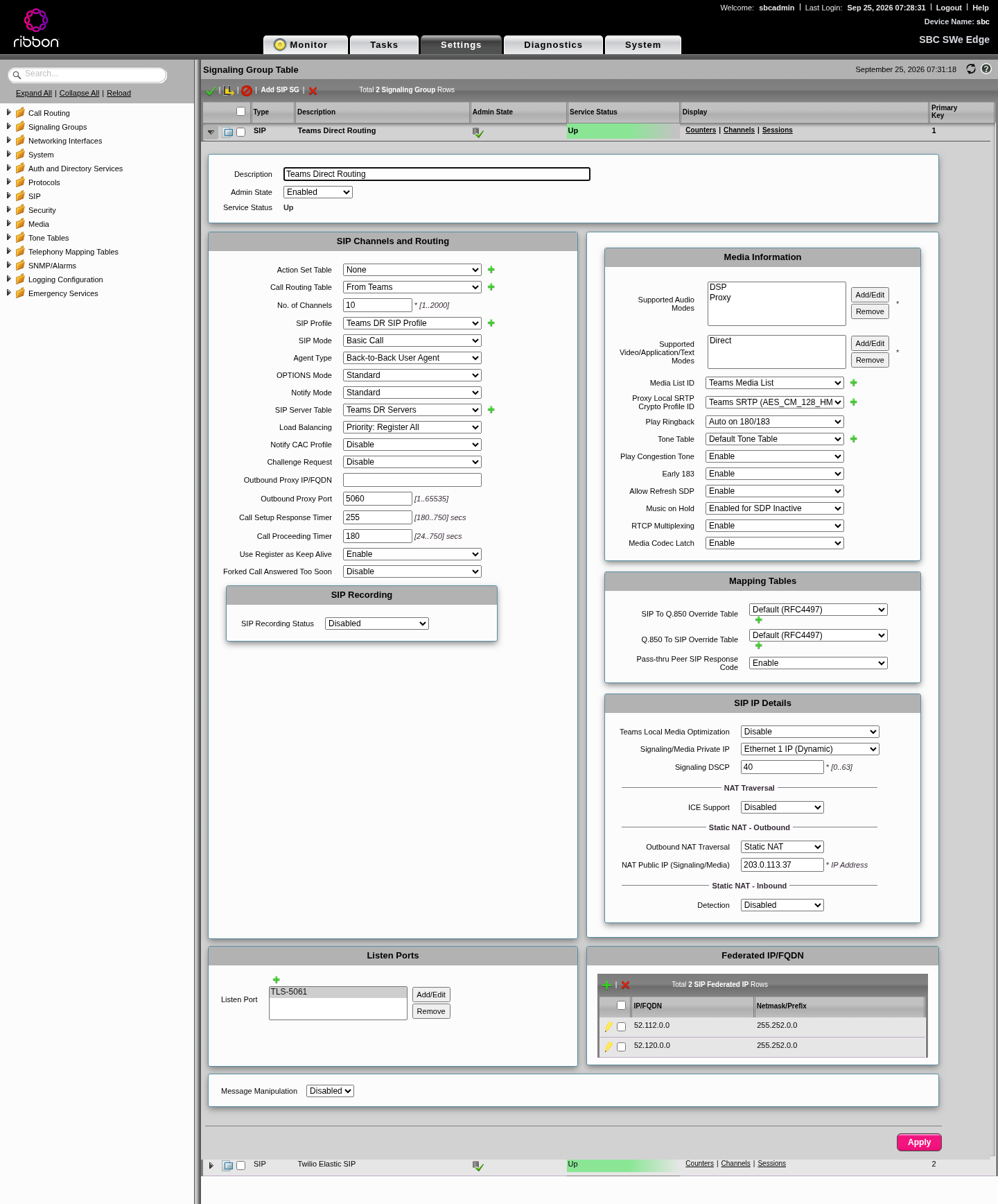Teams signaling group, full settings