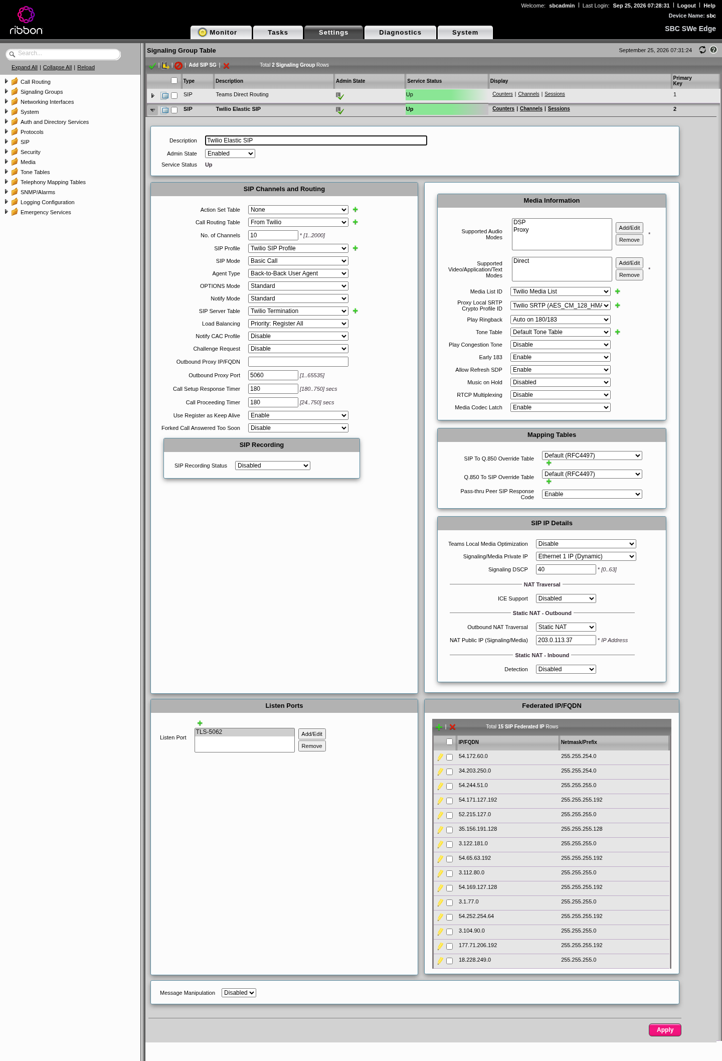 Twilio signaling group, full settings