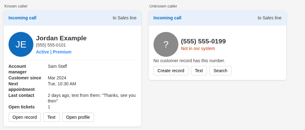 Two caller ID cards: a known caller with name, status and facts, and an unknown caller with Create record, Text and Search buttons