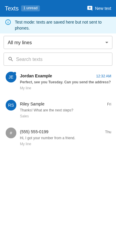 Texts tab on a phone: conversation list