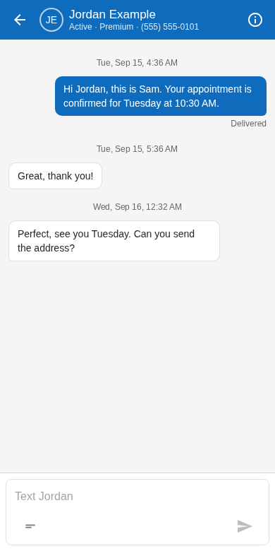 Texts tab on a phone: a thread with the composer at the bottom