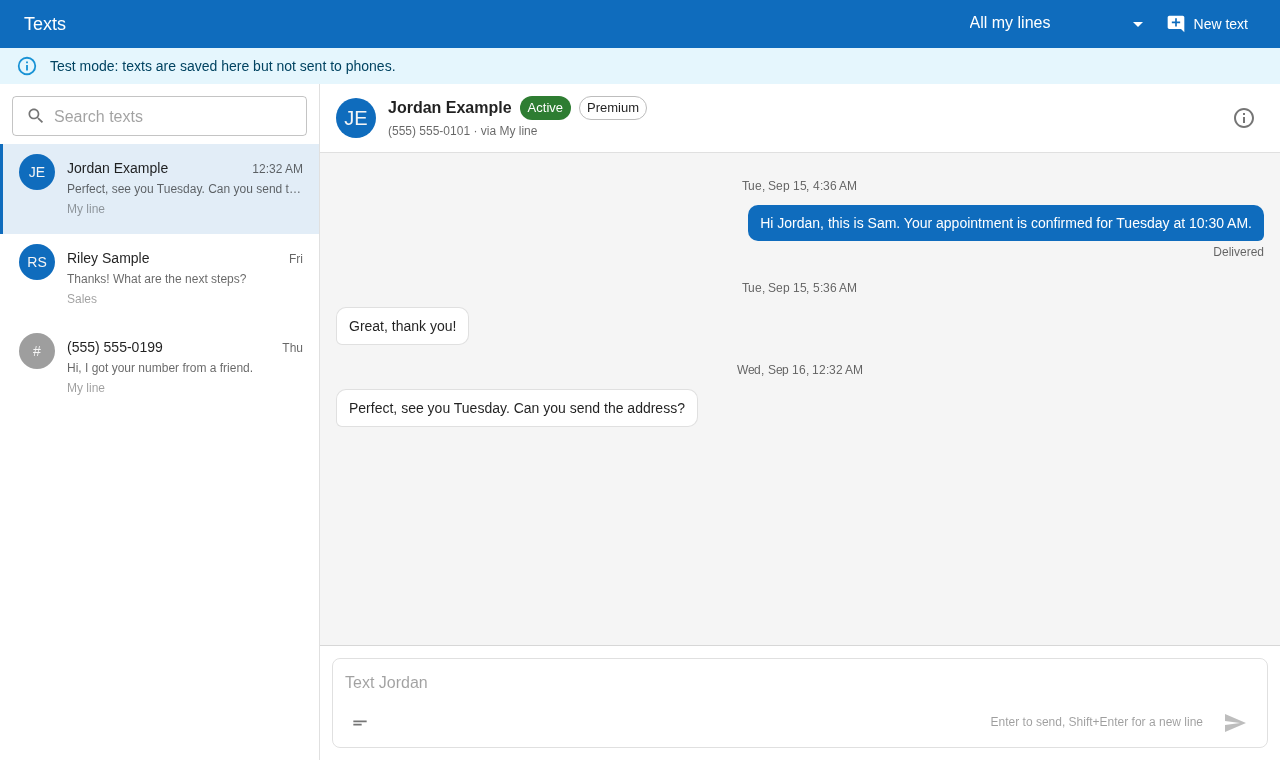 Texts tab on desktop: conversation list, thread, composer and a test mode banner