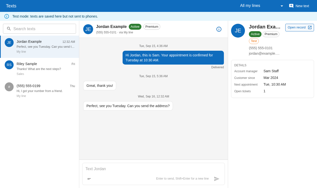 Texts tab with the customer profile panel open on the right